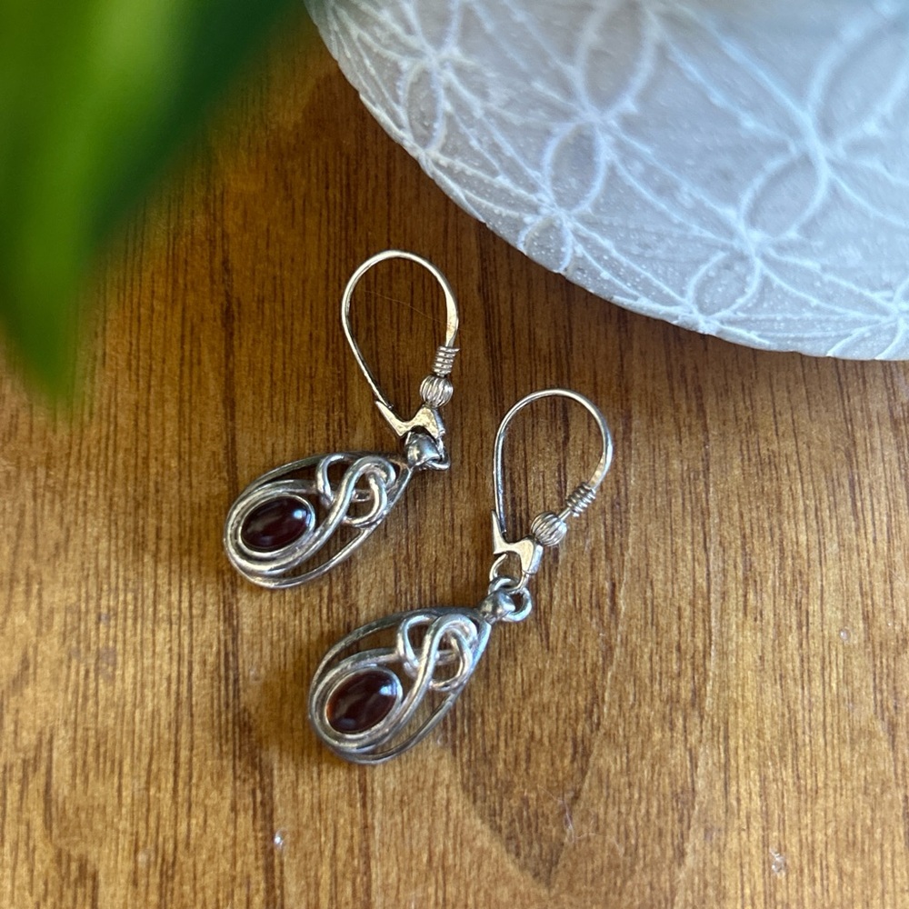 Vintage Sterling Silver and Amber Dangle Earrings - Picture 2 of 4